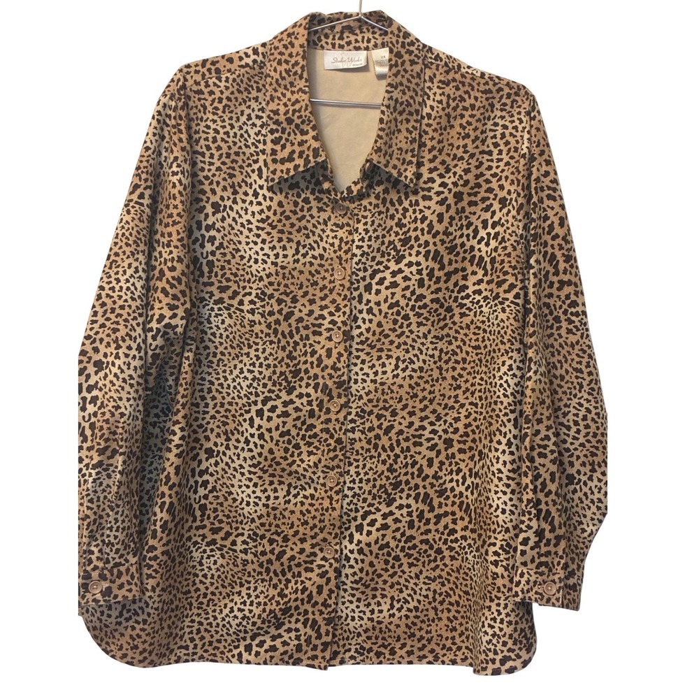 Studio Works Woman Leopard Print Faux Suede Button Down Shirt Vintage 2X Brown